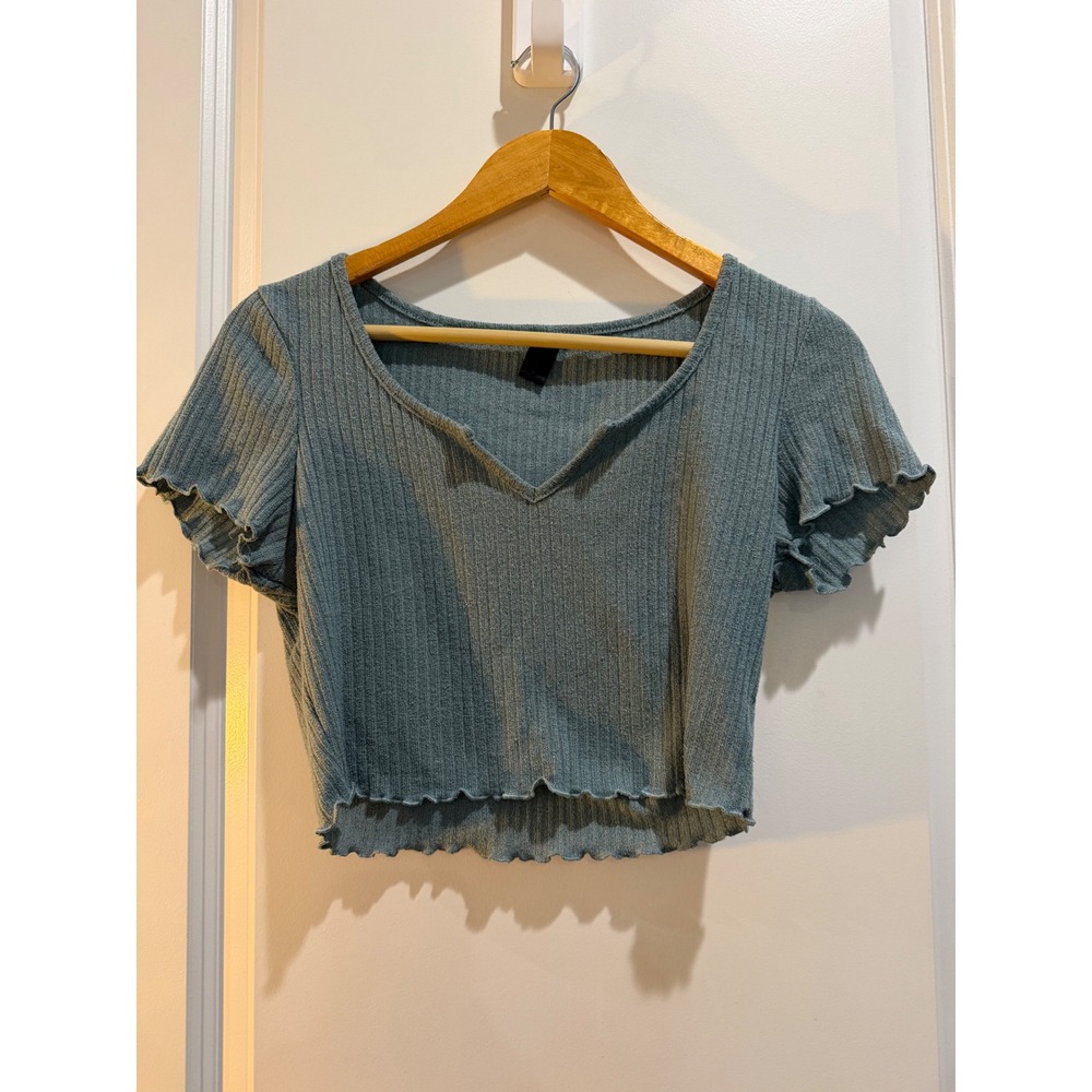 Ribbed Notch Neck Crop Top Lettuce Edge Short Sleeve Dusty Blue